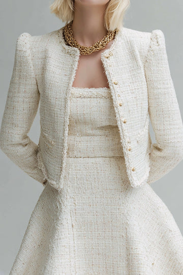 White 2-Piece A Line Tweed Mini Dress with Long Sleeves